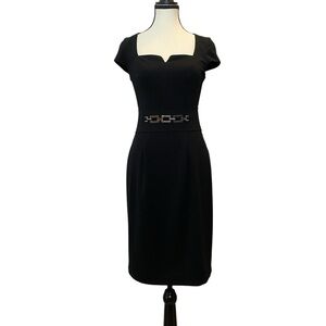 Classic black cocktail dress EUC Size 2 silver belt accent on front, back zipper